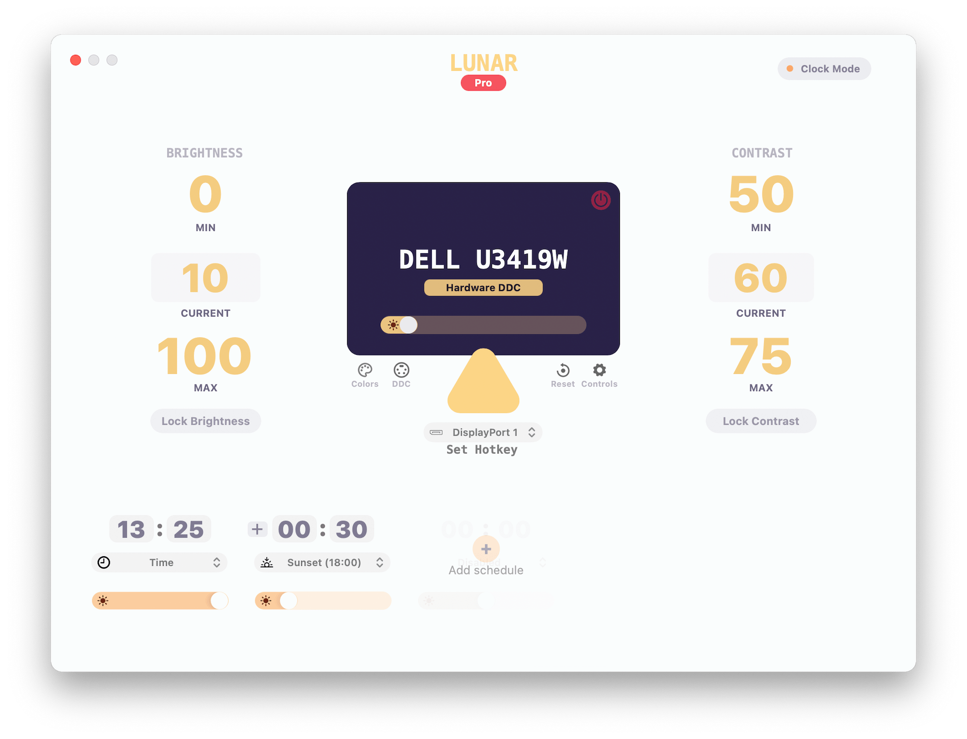 Screenshot of the Lunar window showing Clock Mode