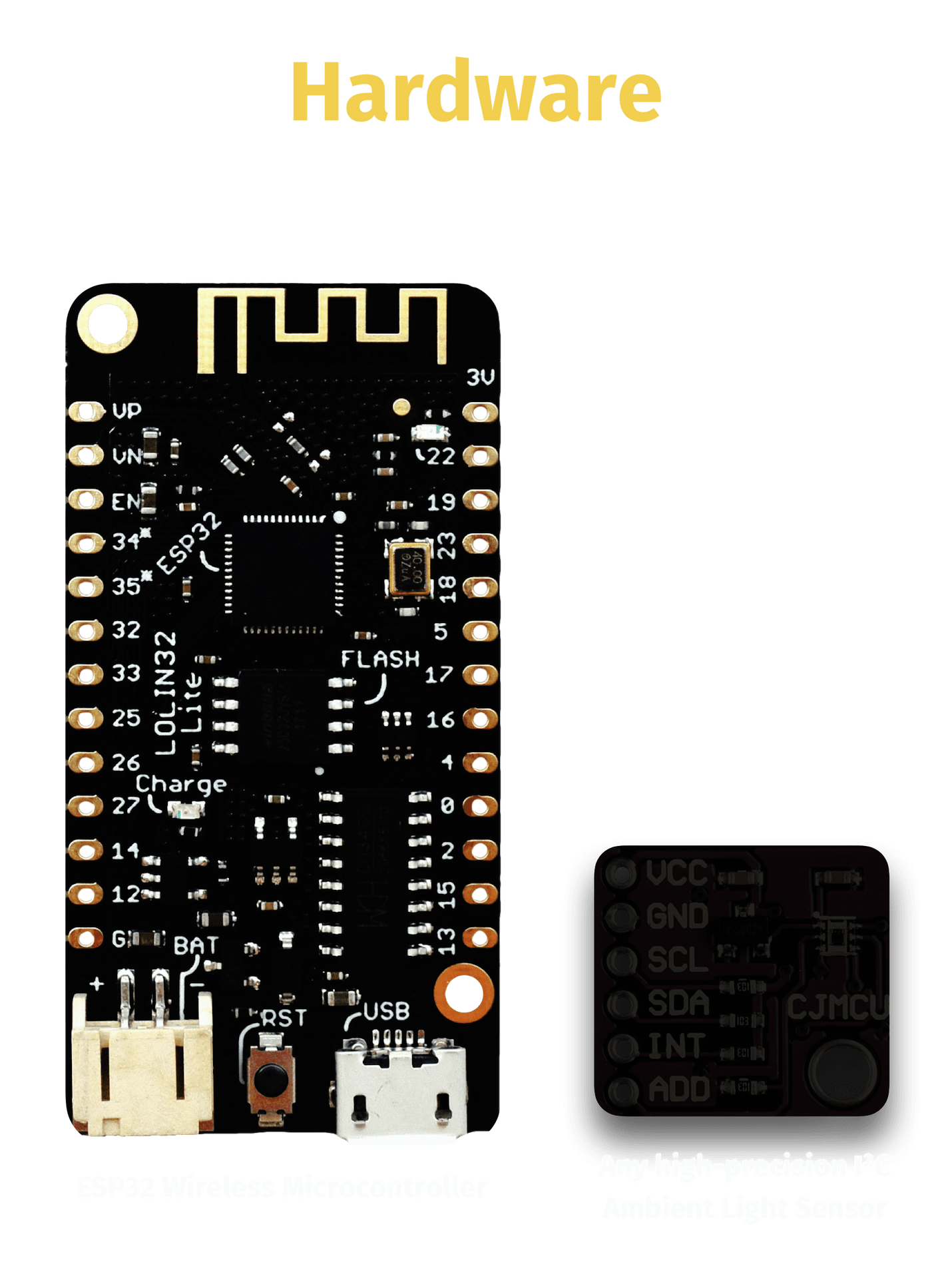 Lunar sensor hardware showing an ESP32 and a generic ambient light sensor