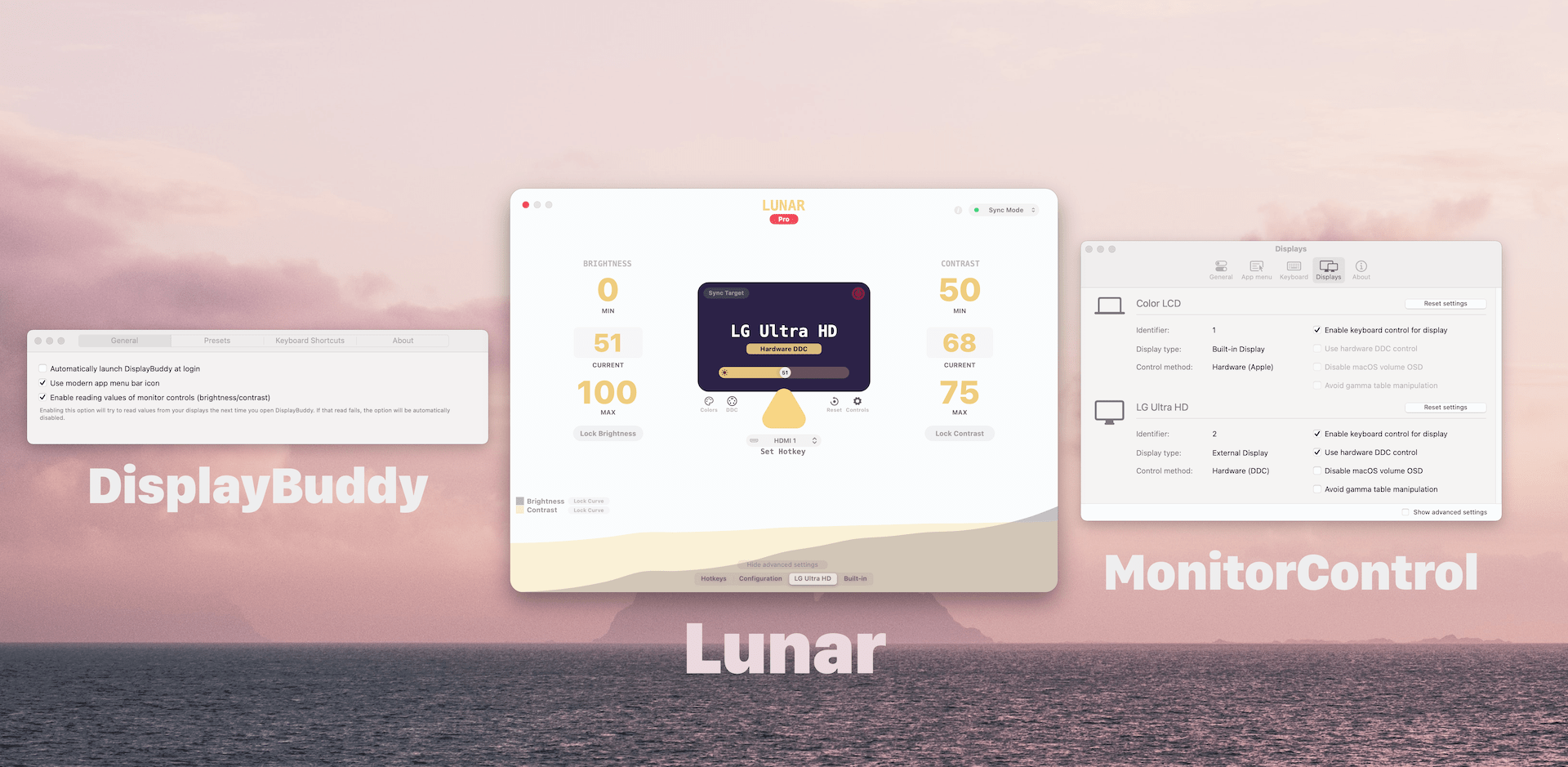 Comparison between the preferences window of Lunar, MonitorControl and DisplayBuddy
